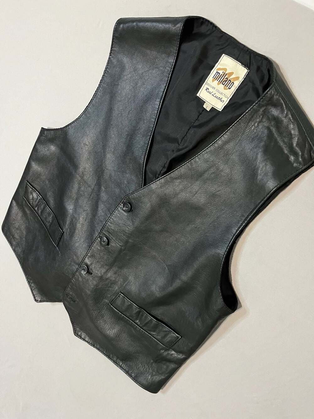 Millano Real Leather Vest Size L Black Buttoned Designer Collection